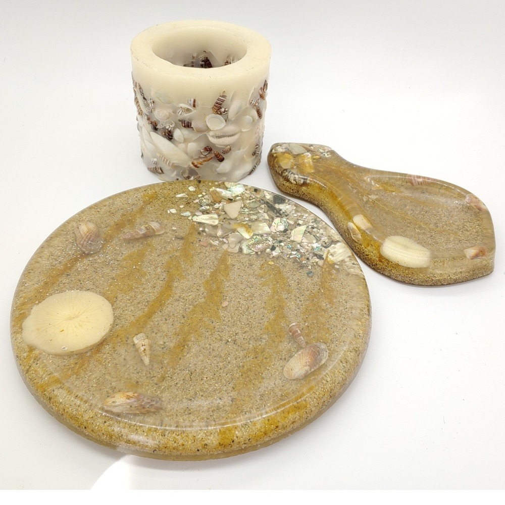 Spoon Rest Trivet Candle Holder Resin Sand Shell 3pc Set  Coastal Kitchen Decor
